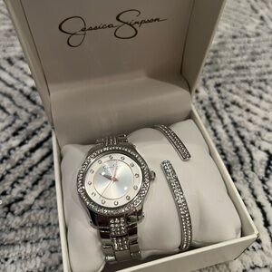 Jessica Simpson Silver Crystal Watch and Bracelet Set